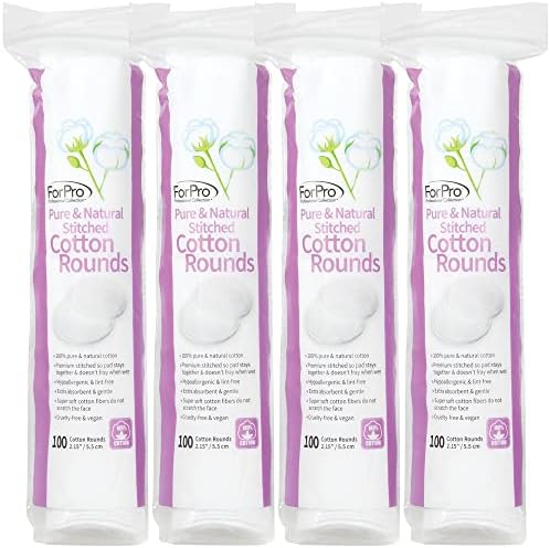 ForPro Pure & Natural Stitched Cotton Rounds for Face (400-Count), 100% Pure Cotton Makeup Remover Pads, Hypoallergenic, Lint-Free, Vegan & Cruelty-Free, Pack of 4-100 Cotton Pads by ForProProfessionalCollection