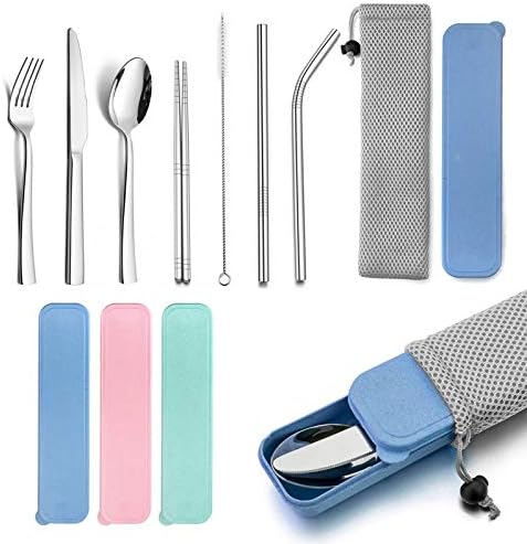 HaWare Portable Travel Utensils with Case, Stainless Steel Silverware Set for Camping Office School Lunch, Including Knife Fork Spoon Chopsticks, Reusable and Dishwasher Safe(Blue) by HaWare