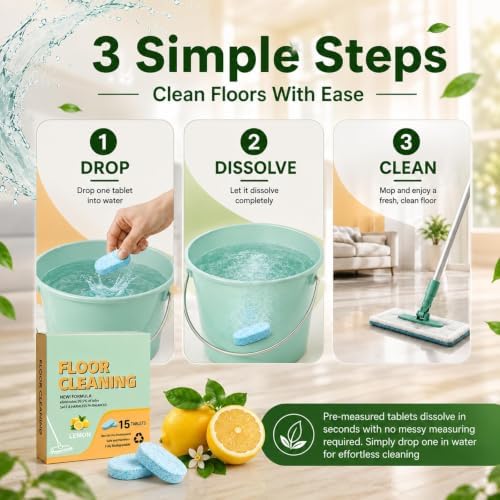 DOUNIU 30 Count Floor Cleaning Tablets, Lemon Scent Fast Dissolving Floor Cleaner Tablets, No Sticky Residue Floor Cleaning Refill for Tile, Vinyl, Laminate and Hardwood Floors - Image 2
