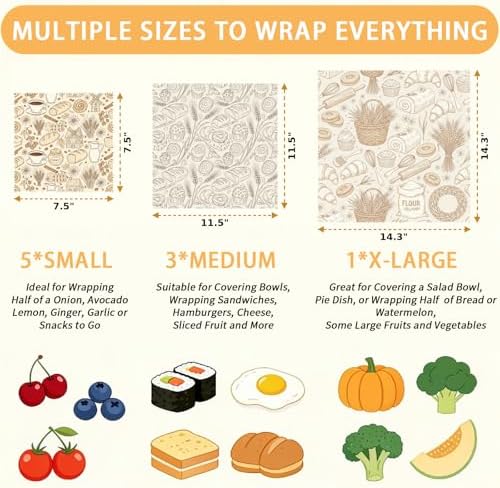 Reusable Beeswax Wrap, Bakery and Coffee Wraps, 9 Pack Eco-Friendly Food Preservation, Organic, Sustainable, Zero Waste, Plastic-Free Covers for Sandwich, Bread, Bowl, 1XL, 3M, 5S - Image 2