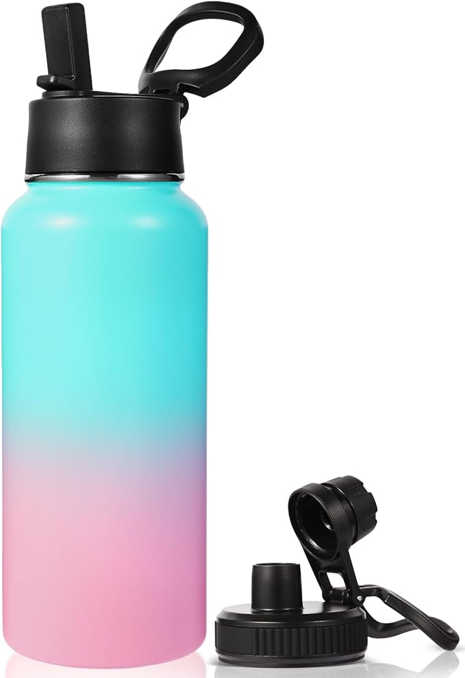 Neihepal 32 oz Insulated Water Bottle with 2 Lids (Straw & Spout Lid), 18/8 Stainless Steel Double Wall Water Bottles for Gym, Travel, Camping, Sports (Green Pink,1 Pack)