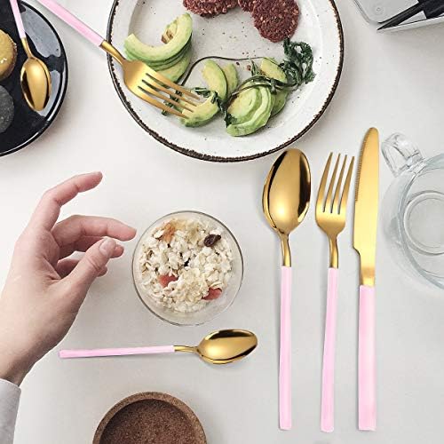 AARAINBOW 7 Pieces Stainless Steel Flatware Set Portable Reusable Cutlery Set Travel Utensils Set Including Chopsticks Knife Fork Spoon Straws Cleaning Brush Dishwasher Safe (Pink Golden) - Image 4