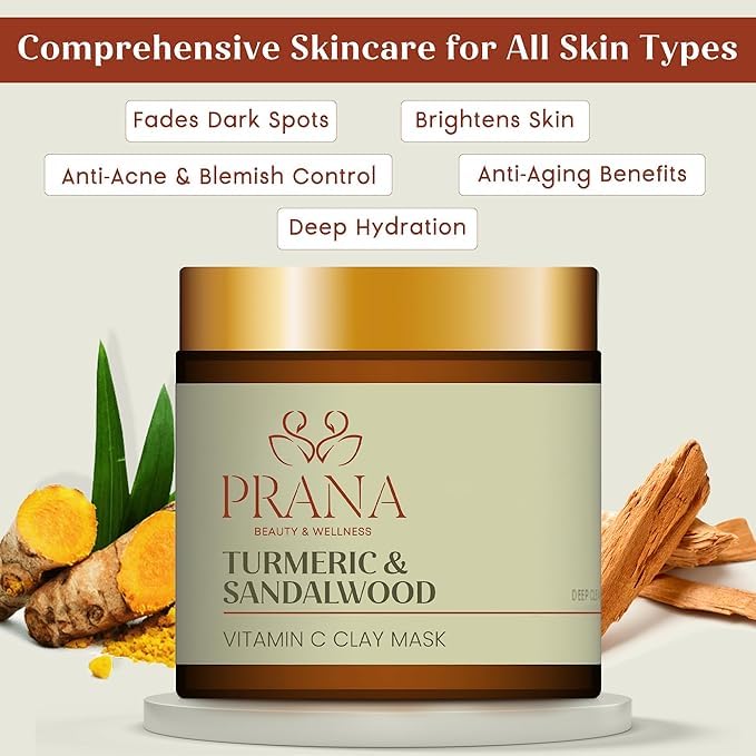 PRANA Sandalwood & Turmeric Face Mask - Natural Cleansing Facial Mask with Ayurvedic Ingredients - Bentonite & Kaolin Clay Mask - Brightening, Hydrating (3.71 Fl Oz (Pack of 3))