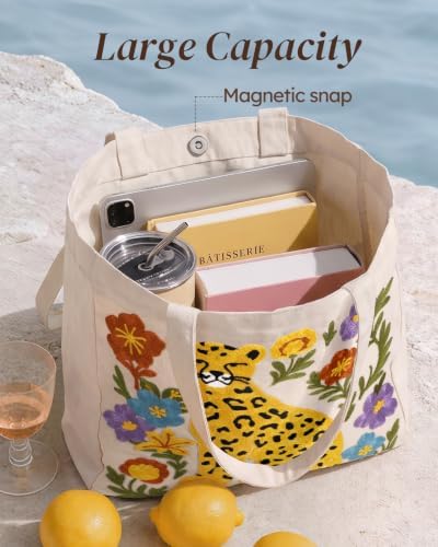Floral Embroidery Canvas Tote Bag with Magnetic Closure for Daily - Image 5