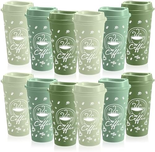 12 Sets Reusable Coffee Cups with Lids, 16oz, Green Series by Skybooly