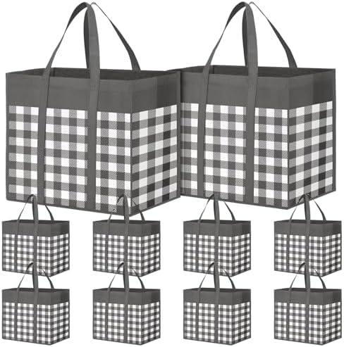 WOWBOX Reusable Grocery Bags,10-Pack, Foldable Reusable Shopping Tote Bags bulk with Reinforced Handles,Large Storage Bags with Water Resistant Coating for Groceries,Multipurpose,Grey-White by WOWBOX