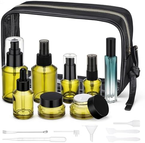 Segbeauty 8pcs Green Travel Essentials Bottles Skincare Containers Set with Makeup Bag, Empty Small Sprayer Travel Size Containers for Toiletries, Glass Dropper Bottle, Lotion Pump Bottle Cream Jar by Segbeauty