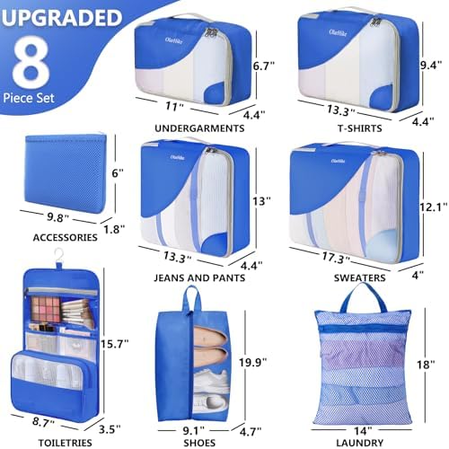 OlarHike Packing Cubes for Travel,Gifts for Women Mom,Anti-Tearing Suitcase Organizer for Luggage with Shoe & Hanging Toiletry Bag,Vacation Essentials & Accessories for Cruise Ship,8 Set,Blue - Image 2