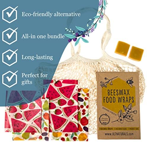 7 Pc Beeswax Wraps for Food Snacks, Sandwich, Bread - Reusable Eco Friendly Kitchen Storage and Zero Waste - 4 Wraps, 2 Beeswax Bars and Cotton Mesh Market Bag - Alternative Imagination - Image 2