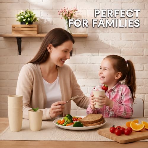 Wrova Wheat Straw Cups 6 PCS Good Alternative to Plastic Reusable Cups 12 oz Unbreakable Drinking Cup Reusable Dishwasher Safe Water Plastic Glasses Beige - Image 5