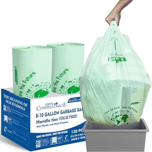 BEIDOU-PAC 8-10 Gallon Compostable Trash Bags, 120 Count, Compost Bags Kitchen Trash Bags with Handle, Sturdy Garbage Bags Food Scrap Waste Bags, ASTM D6400, US BPI Certified by BEIDOU-PAC