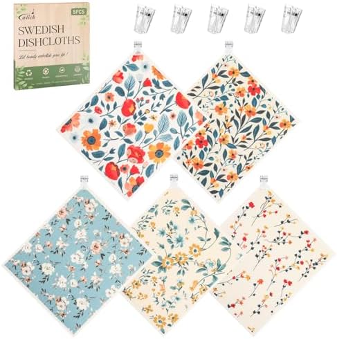 wlich 5 Pack Swedish Dishcloths, Reusable Kitchen Towels with Clips, Plant - Image 2