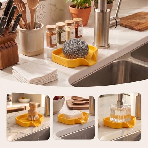 MicoYang Silicone Soap Dish with Drain Spout, Self-Draining Sink Organizer Tray for Bathroom and Kitchen, Sponges, Dispensers and Soap Holder, Non-Slip & Dishwasher Safe, Yellow (Compact, 4.9"×3.2") - Image 3