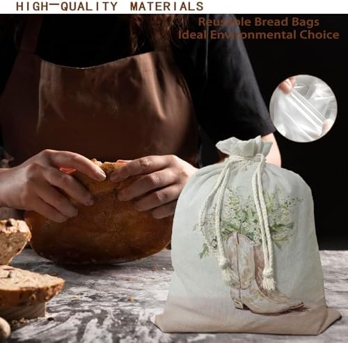 UTELKA White Flroal Reusable Linen Bread Bag for Homemade Bread - Image 2
