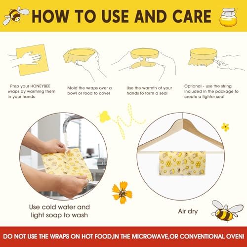 Reusable Beeswax Food Wraps, 9 Pack - Assorted Sizes (XS,S, M, L) | Organic Cotton, Eco Friendly, Plastic Free | Honeycomb Design - Image 3