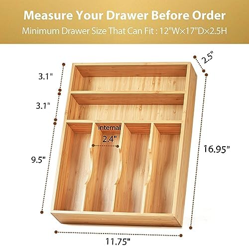 Umilife Kitchen Drawer Organizer, 12 Inch Silverware Utensil Tray Holder, Extra Deep, with Non-Slip Feet & Grooved Drawer Divider, 6 Slots Total Bamboo Wood Caddy for Flatware Cutlery Knives - Image 5