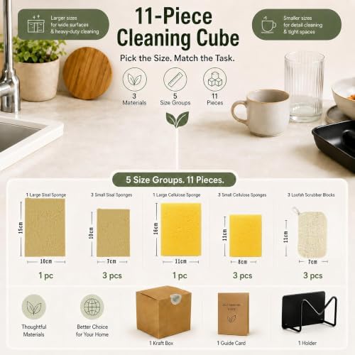 Natural Loofah Sponge, Kitchen Sponges, 11-Pack Cellulose Sponges, Sisal - Image 3