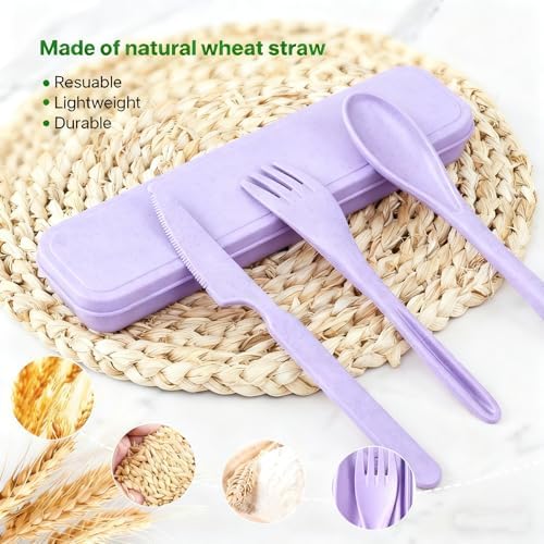 Utensil set Travel Silverware with Case, 2 Sets Reusable Utensils Set with Case, Wheat Straw Utensils for Lunch Box Accessories, Camping Utensils for Work Lunch or Daily Use (Purple) - Image 4