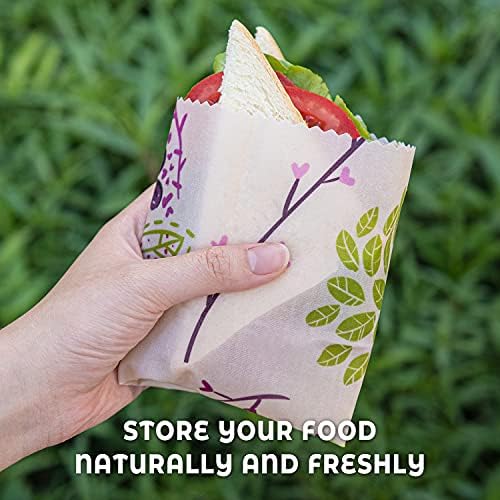 Akeeko Reusable Beeswax Food Wraps - Assorted 9 Packs, Reusable, Plastic-Free Food Storage, 5 Small, 2 Medium, 1 Large, 1 Extra Large Wraps with Plants and Boho Birds Pattern - Image 5