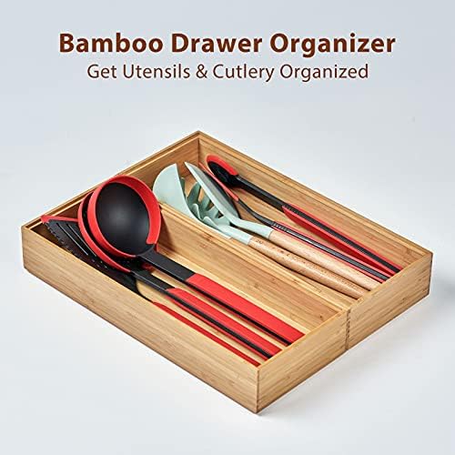 Umilife Bamboo Kitchen Drawer Organizer Boxes with Anti-Skid Silicone Feet, 2pcs Stackable Storage Bins for Kitchen Utensils & Silverware & Desk Drawer & Makeup, Tools Holder, 15”L x 6”W x 2.5”D Each - Image 4