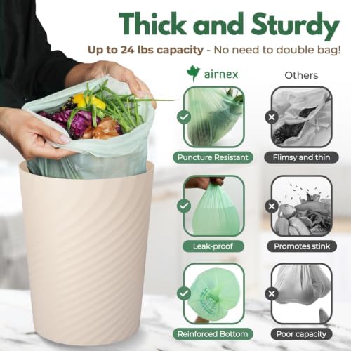 AIRNEX Small Compost Bags 2.6 Gal - 50 Compostable Kitchen Trash Bags for Countertop Bin - Cornstarch Leakproof & Tear-Resistant - OK Compost Home & Seedling Certified 0.18 mm Kitchen Garbage Bags - Image 3