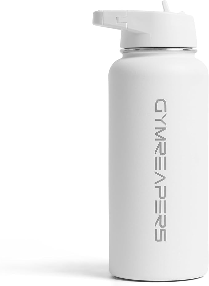 Gymreapers Insulated Water Bottle - Stainless Steel 32 Oz, 3 lids (Straw, Chug, Canteen), Double Walled Vacuum Insulation, Thermo Mug Cold Hot - Durable Powder Coated Finish