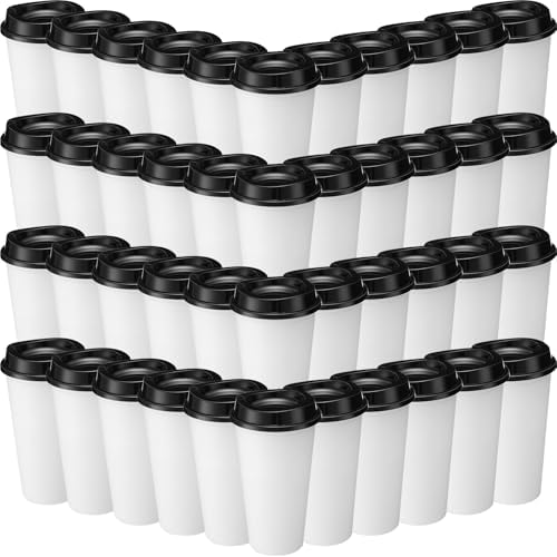 Honeydak 45 Pack 16 oz Reusable Coffee Cups with Lids Water Bottle Iced Coffee Travel Mug Reusable Portable Plastic Tea Tumblers Bulk for Hot and Cold Drinks Birthdays Party(Classic,White with Black) by Honeydak