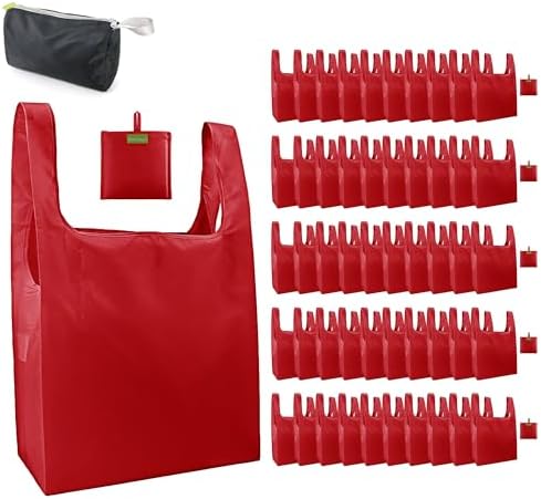 BeeGreen Christmas Red Reusable Grocery Bags Wholesale Red Reusable Kitchen Bags Bulk Foldable-Machine Washable with Zipper Storage Pouch 50 Packs by BeeGreen