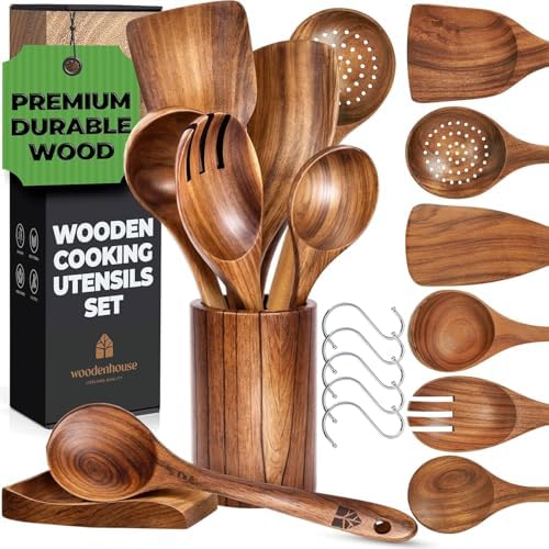 Wooden Utensil Set, 8 Pcs Teak Wooden Spoons for Cooking with Holder by Woodenhouse