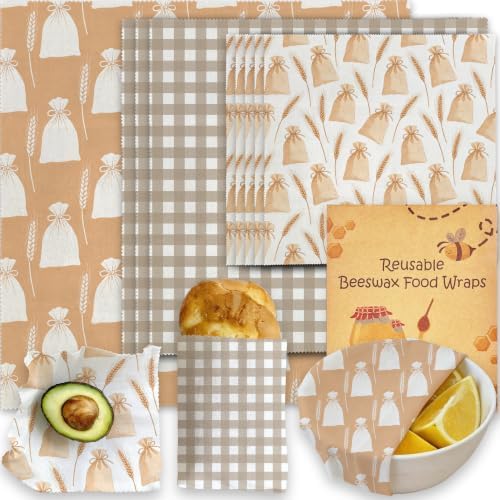 Reusable Beeswax Wrap, Flour Sack and Gingham Wraps, 9 Pack Sheets for Bread, Fruit, Bowl, Organic, Sustainable, Zero Waste, Plastic-Free Food Storage, 1XL, 3M, 5S by Unknown