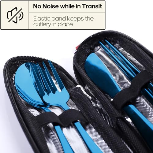 Travel Utensils with Case, Quatish Portable Silverware Set for Work, Stainless Steel Reusable Travel Cutlery, Fork and Spoon Set for Camping, Picnic, Gadgets, Lunch Box for Men, Christmas Gift, Blue - Image 3