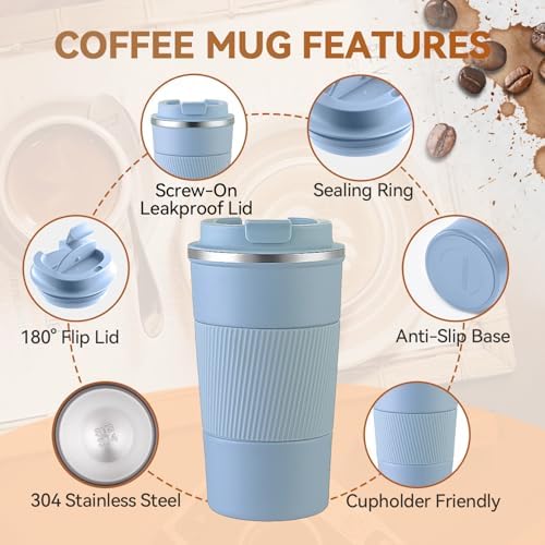 12OZ Travel Coffee Mug Insulated Coffee Cup with Spill Leak Proof Lid, Portable Stainless Steel Tumbler Reusable Hot and Cold Water Mug for Car, Daily, Camping- Light Blue - Image 5