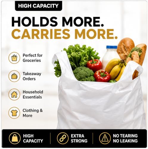 Reusable Heavy Duty White Plastic Shopping Bags with Handles, T-Shirt Grocery Carrier Bags, 12 x 18 x 24 Inch, HDPE Retail, Convenience Store & Takeout Bags, 1000 Pack - Image 4