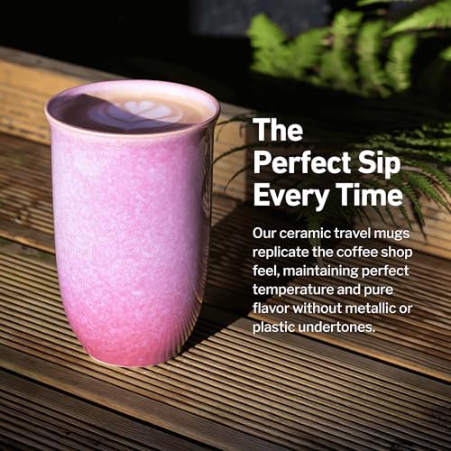 NOVA CERAMICS Coffee Travel Mug – Cup Holder Friendly Travel Mug– Microwave & Dishwasher Safe White & Purple Tumbler - Coffee Mug Fits In Cup Holder – 12oz – Astral Bloom - Image 4