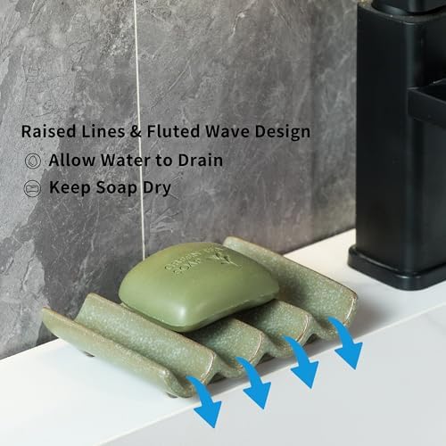 Draining Ceramic Soap Dish - Fluted Design, Bar Soap Holder for Shower & Bathroom, Soap Saver Sponge Lift, Green - Image 3