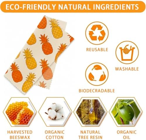 Beeswax Food Wrap, Orange Pineapple Avocado Wrap, 9 Pack Eco-Friendly Food Storage, Sandwich, Snack, Bowl Covers, Organic, Sustainable, Zero Waste, Plastic-Free, 1XL, 3M, 5S - Image 3
