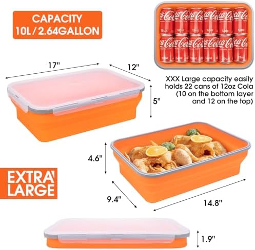 Silicone Collapsible Marinating Container with Lid for Meat, 2.64Gal/10L, Extra Large Collapsible BBQ Prep Tub, Transparent Locking Lid, XL Grill Prep Trays and Carry System, BBQ Must-Have, Orange - Image 2