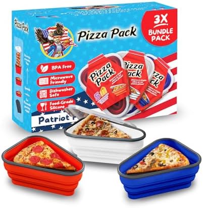 PIZZA PACK The Perfect Reusable Pizza Storage Container with 5 Microwavable Serving Trays - BPA-Free Adjustable Pizza Slice Container to Organize & Save Space, 3 Pack, Red, White, Blue by PizzaPack%E2%84%A2