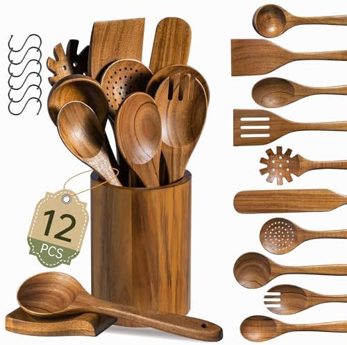 12 PCS Natural Acacia Wooden Utensil Set Wooden Spoons for Cooking by FyctioHome