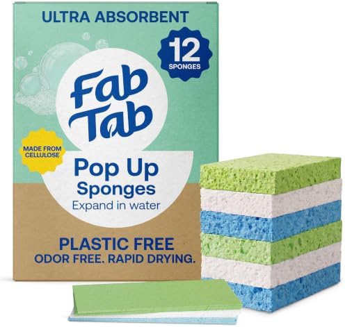 Fab Tab Pop Up Cellulose Sponges - Expanding Kitchen Scrubbers, 12 Pack by FabTab