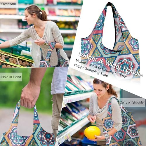 BeeGreen Boho Gifts for Women Geometric Reusable Grocery Bags Mandala Shopping Bags Bulk 6 Pack 50LBS X-Large Foldable-Machine Washable-Heavy Duty Mandana Yoga Gifts - Image 2
