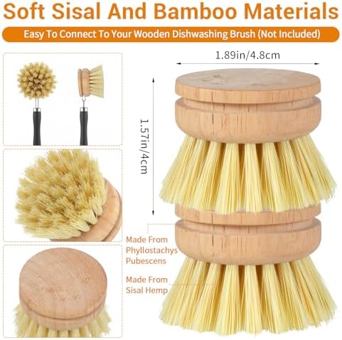 12 Pcs Bamboo Dish Brush Replacement Heads, Wooden Dish Brushes for Cleaning – Kitchen Wood Dish Scrubbers Washing Up Brush Heads Natural Bristle Brush Refills for Dishes, Pots - Image 2