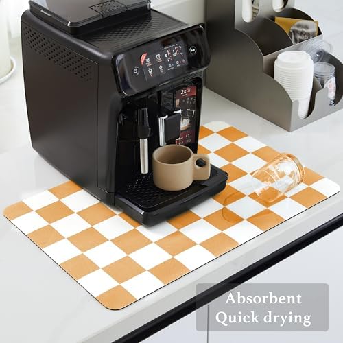 Ohocut Checkered Dish Drying Mat for Kitchen Counter, Coffee Bar Station Accessories, Retro Cute Fall Aesthetic Modern Absorbent Drainer Mat Kitchen Drying Mat Easy Clean, Orange 12" x 19" - Image 4