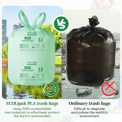 ECOLipak 13 Gallon 50 Count Compostable Kitchen Trash Bags with Handles - Image 4