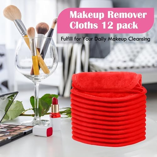 Orighty Makeup Remover Cloth, 12 Pack Makeup Removal Face Cleansing Cloth, Reusable Make Up Remover Pads Remove Instantly Dirt with Just Water, 5 x 5 in, Red - Image 7