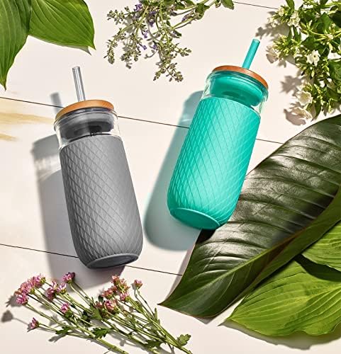 Ello Devon Glass Tumbler , Protective No Sweat Silicone Sleeve and Splash Proof Wooden Detail Lid with Straw, 18 oz - Image 5