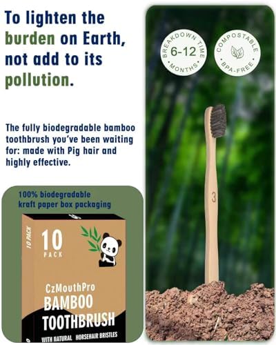 Natural Horse Bristle Bamboo Toothbrush 10 Pack Adult - Image 2