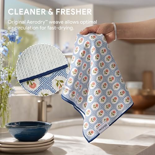 RECYCO Waffle Kitchen Towel Set of 2 - Quick Dry Microfiber Sustainable Dish Towels - Ultra Absorbent Reusable Cleaning Tea Towels - Lightweight Hand Towels,16”x 28”, Bloom Tiles - Image 5