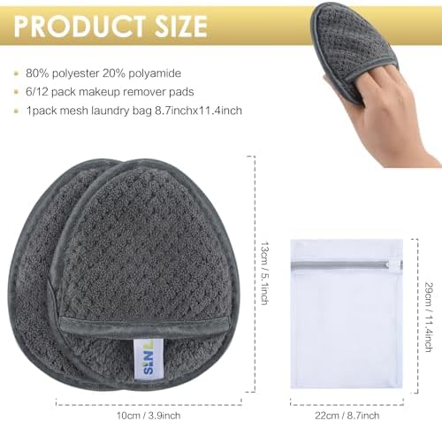 SINLAND Reusable Makeup Remover Pads Grey 12 Pack - Image 2