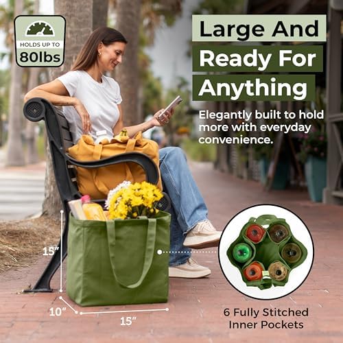 VeraMia Canvas Grocery Bag 3pc XL Set with Real Pockets, Long Shoulder Strap and Short Handle. Heavy Duty, Foldable, Washable - Image 2